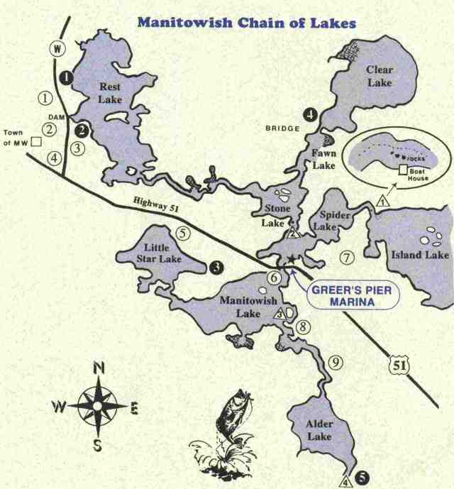 Manitowish Chain Map from Greer's Pier Marina