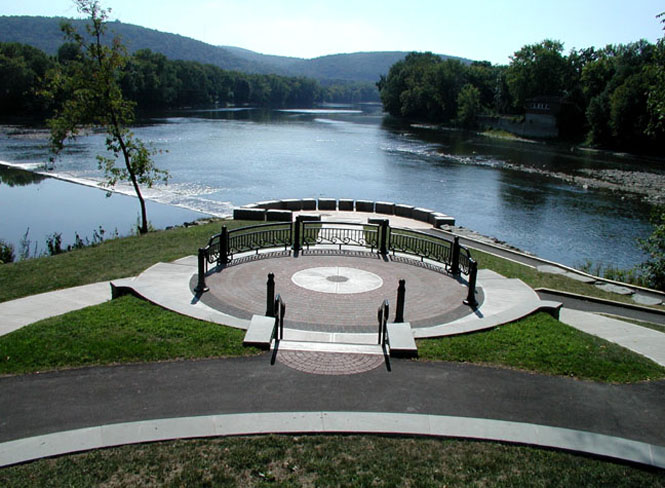 Confluence of Susquehanna & Chenango Rivers, Binghamton, NY summertime view of river and hills