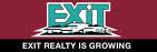 EXIT logo with burgundy background